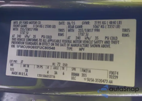 2015 Ford Escape Se z USA, uszkodzony, nr VIN 1FMCU9G9XFUC80548